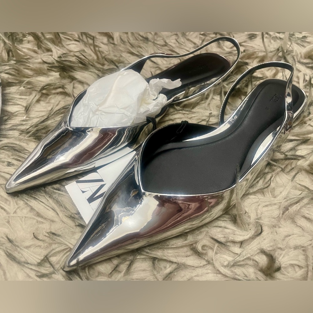 Zara Silver slingback flats (size 39) NWT